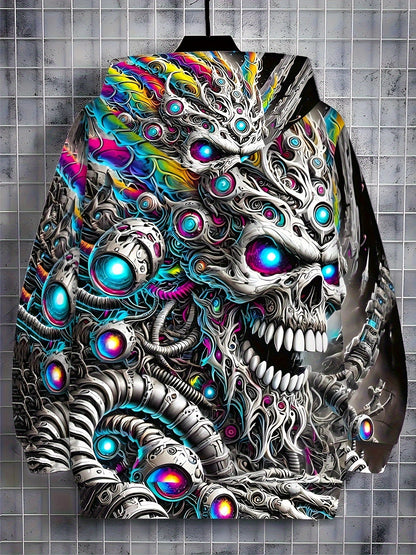Men's Cyberpunk Gothic Hooded Jacket - Full-Zip Graphic Sweatshirt with Skull & Mechanical Eyes, Front Pockets, Adjustable Drawstring Hood - Lightweight Outerwear for Streetwear, Gym, Halloween Parties - Machine Washable Poly