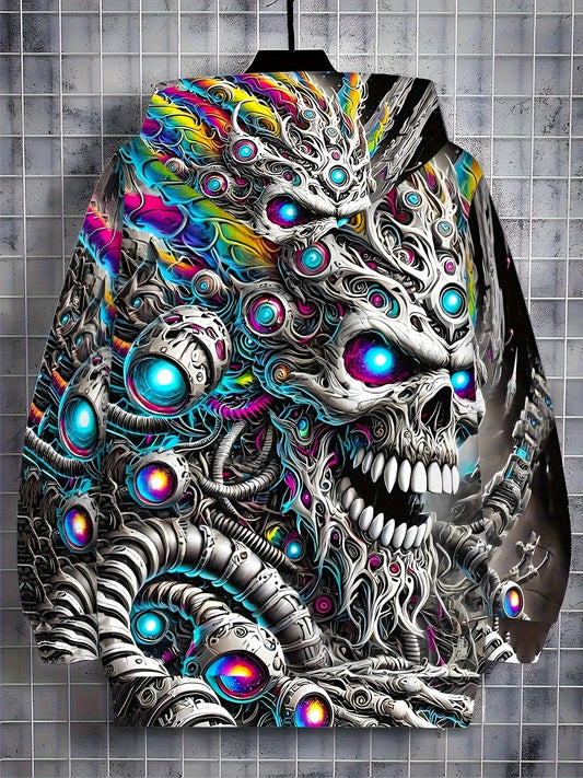 Men's Cyberpunk Gothic Hooded Jacket - Full-Zip Graphic Sweatshirt with Skull & Mechanical Eyes, Front Pockets, Adjustable Drawstring Hood - Lightweight Outerwear for Streetwear, Gym, Halloween Parties - Machine Washable Poly