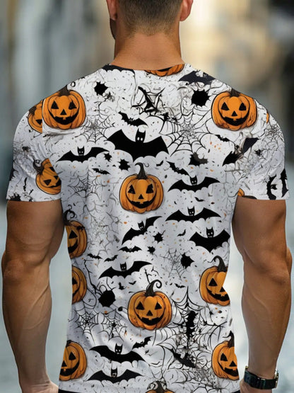 [Halloween Costume Shirt] Spooky Halloween Outfit for Adults - Men's Full-Body Pumpkin Bat Print Party Shirt | Lightweight & Breathable Fabric, Machine Washable for Trick-or-Treat, Haunted House