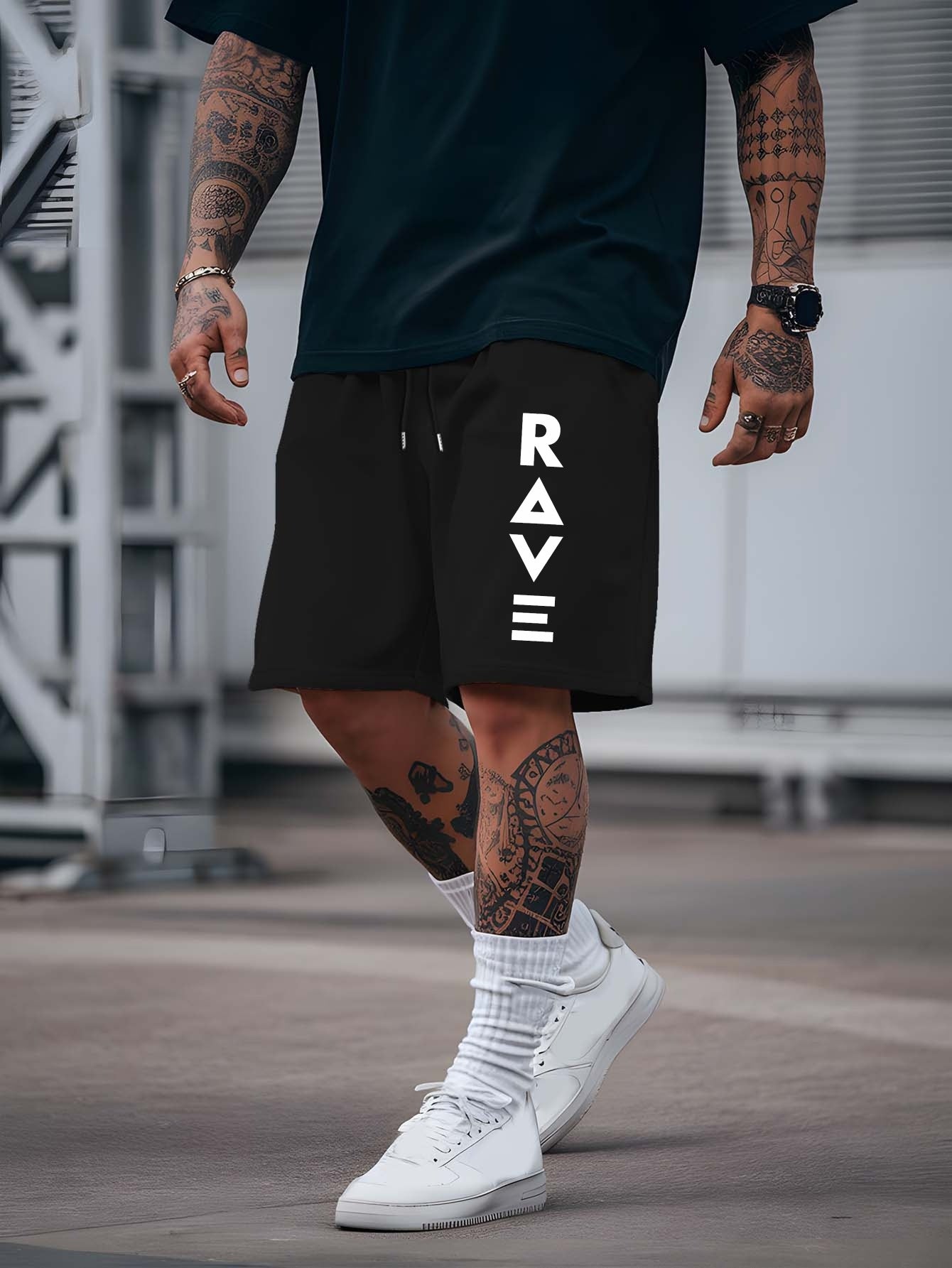 R V New Men's Summer Casual Shorts with RAVE Letter Print - Light Grey Regular Fit Outdoor Sports & Beach Vacation Shorts, American Fashion Trendy Lightweight Comfortable Design, Beach Vacation Apparel | Fashionable Casualwea