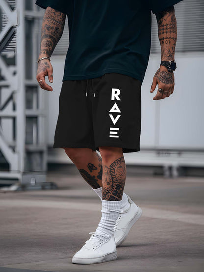 R V New Men's Summer Casual Shorts with RAVE Letter Print - Light Grey Regular Fit Outdoor Sports & Beach Vacation Shorts, American Fashion Trendy Lightweight Comfortable Design, Beach Vacation Apparel | Fashionable Casualwea