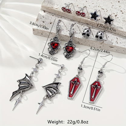 [Gothic Halloween Earrings] Gothic Skull Rose Bat Wing Coffin Halloween Earring Set - Six-Pair Five-Star
