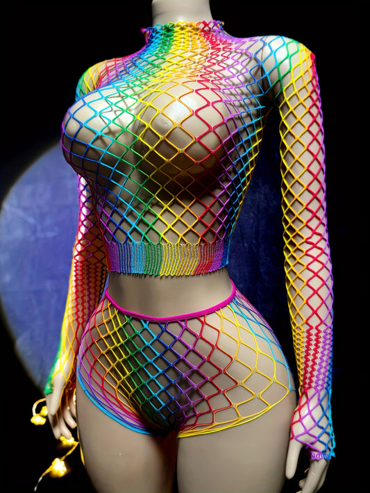 A Sexy Fishnet Cover-Up Designed for Women, Featuring a Hollow-Out Bodystocking in Rainbow Colors, Perfect for Music Festivals, Vacations, And As See-Through Beachwear for Summer Swimwear.