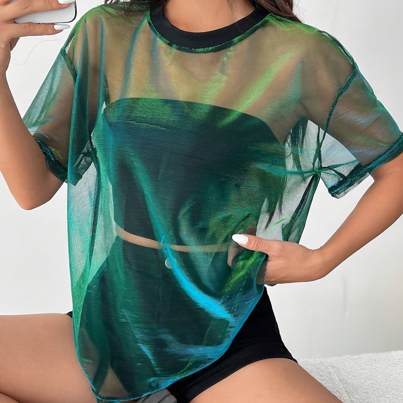 Women's Gradient Color Mesh Panel Summer T-Shirt - Elegant Loose Fit Round Neck Semi-Sheer Top for Casual & Evening Wear, Breathable Spring/Summer Fashion, Summer T Shirts, Spring Fashion, Stylish Semisheer, Elegant Mesh Desi
