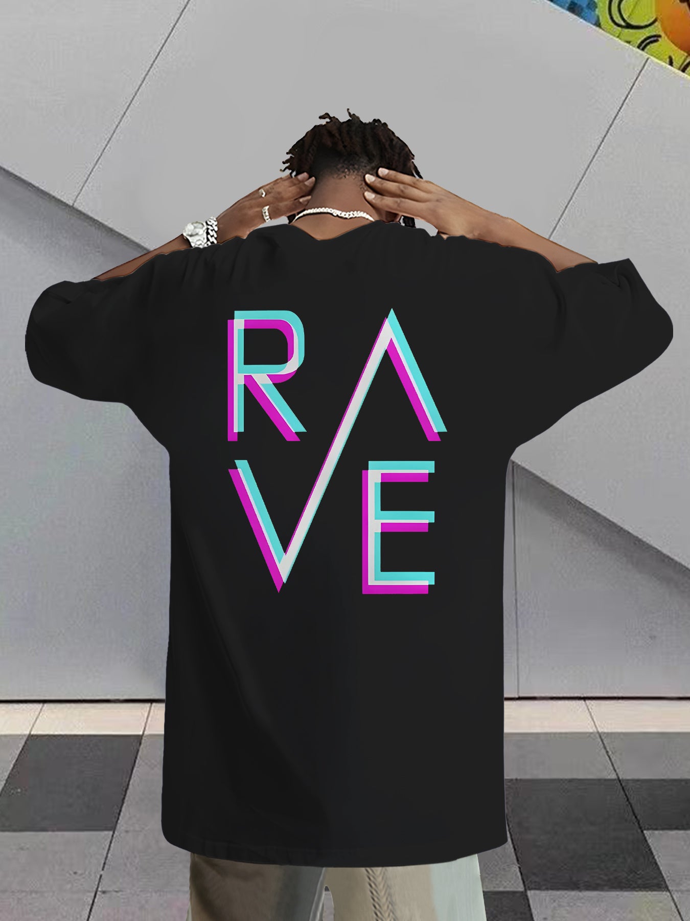 Men'S Summer Casual RAVE Graphic T-Shirt - Black with Pink & White Neon Print, Short Sleeve, Round Neck, Lightweight Polyester Blend, Perfect for Casual Attire, Everyday Tshirt | Round Neck Shirt | Comfortable Fit