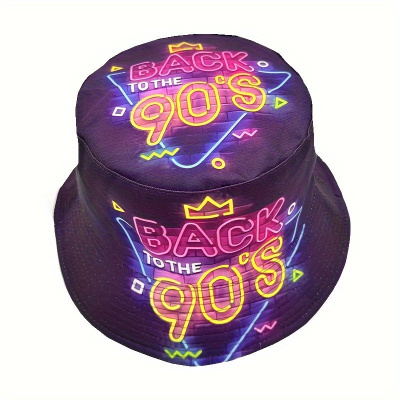 Back to the 80s 90s" Neon Cityscape Bucket Hat - Double-Sided Print, Lightweight & Stylish Fisherman'S Cap, Perfect for Parties & Beach Outings, Machine Washable, Vibrant Purple with Pink & Blue Neon Signs, City Car Design, I