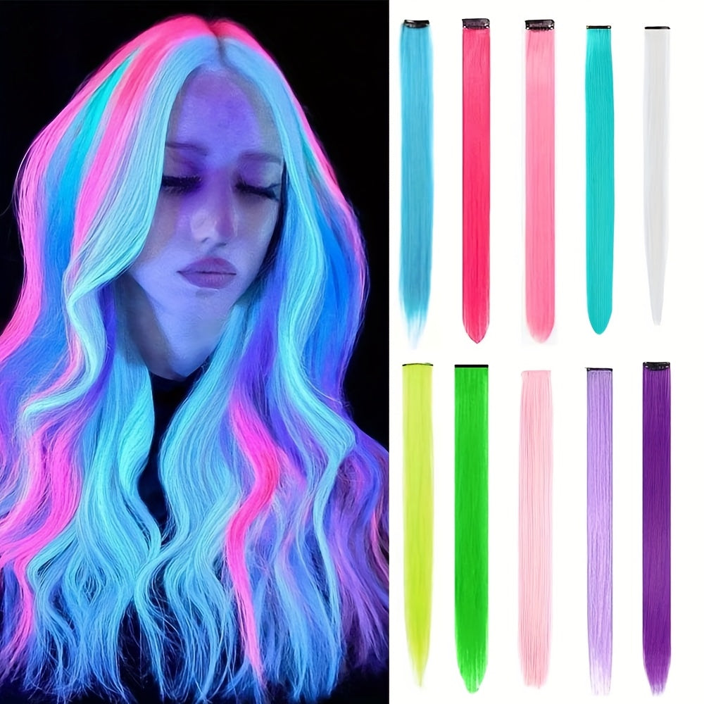 10pcs Glowing Clip-In Synthetic Hair Extensions 20-Inch Colorful Neon Glow-in-the-Dark Wigs, Easy-to-Wear Clip Design, Smooth Soft Texture, Women'S Daily Fashion Accessory for Halloween New Year Parties