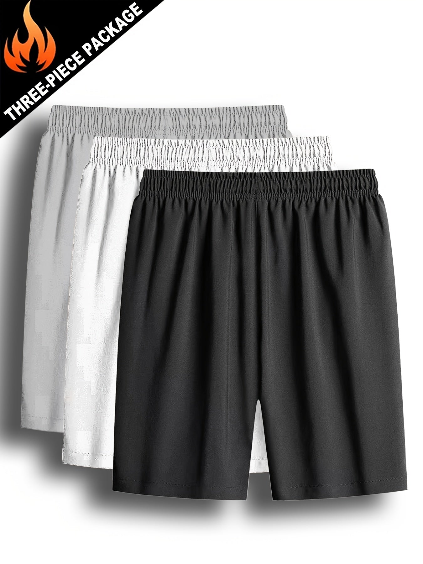 3pcs Men'S Lightweight Quick-Dry Running Shorts - Summer Casual Sport, Loose Fit, Zipper with White Accents, Elastic Waistband, Zipper Pockets, Polyester and Spandex Blend, Large Size