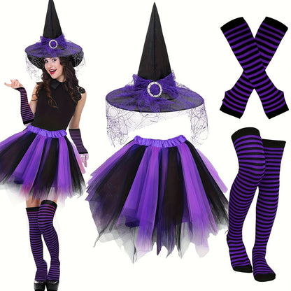 4pcs Halloween Witch Costume Set for Women Ladies Gothic Cosplay Witch Hat Striped Knee High High Over Knee Witch Stockings Arm Warmers Tutu Skirt Set for Women Halloween Witch Cosplay Party Favor Cosplay Costume Accessories