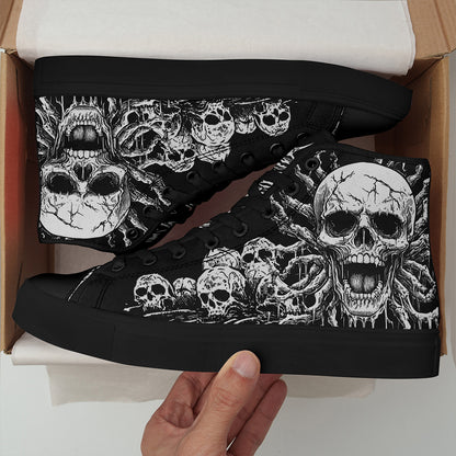 Men'S Plus Size Gothic Punk High-Top Sneakers with Skull Print, Black Casual Shoes for Streetwear & Everyday Comfort, Lace-Up Round Toe Design, Rubber Sole, Fabric Upper, Perfect for Parties, Concerts & Daily Wear, Everyday C