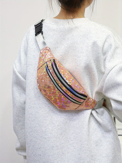 Holographic Sequin Waist Bag for Women - Stylish Crossbody Belt Bag with Adjustable Strap, Zipper Closure, And Glittery Purple, White, And Pink Patterns - Perfect for Outdoor Activities, Travel, And Everyday Fashion, Crossbod