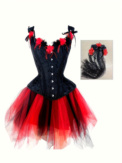 [Gothic Corset Set] Gothic Black Lace Corset and Tutu Skirt Set | Floral Mesh Headband, Mexican Day of the Dead Halloween Blood Rose Cosplay Outfit