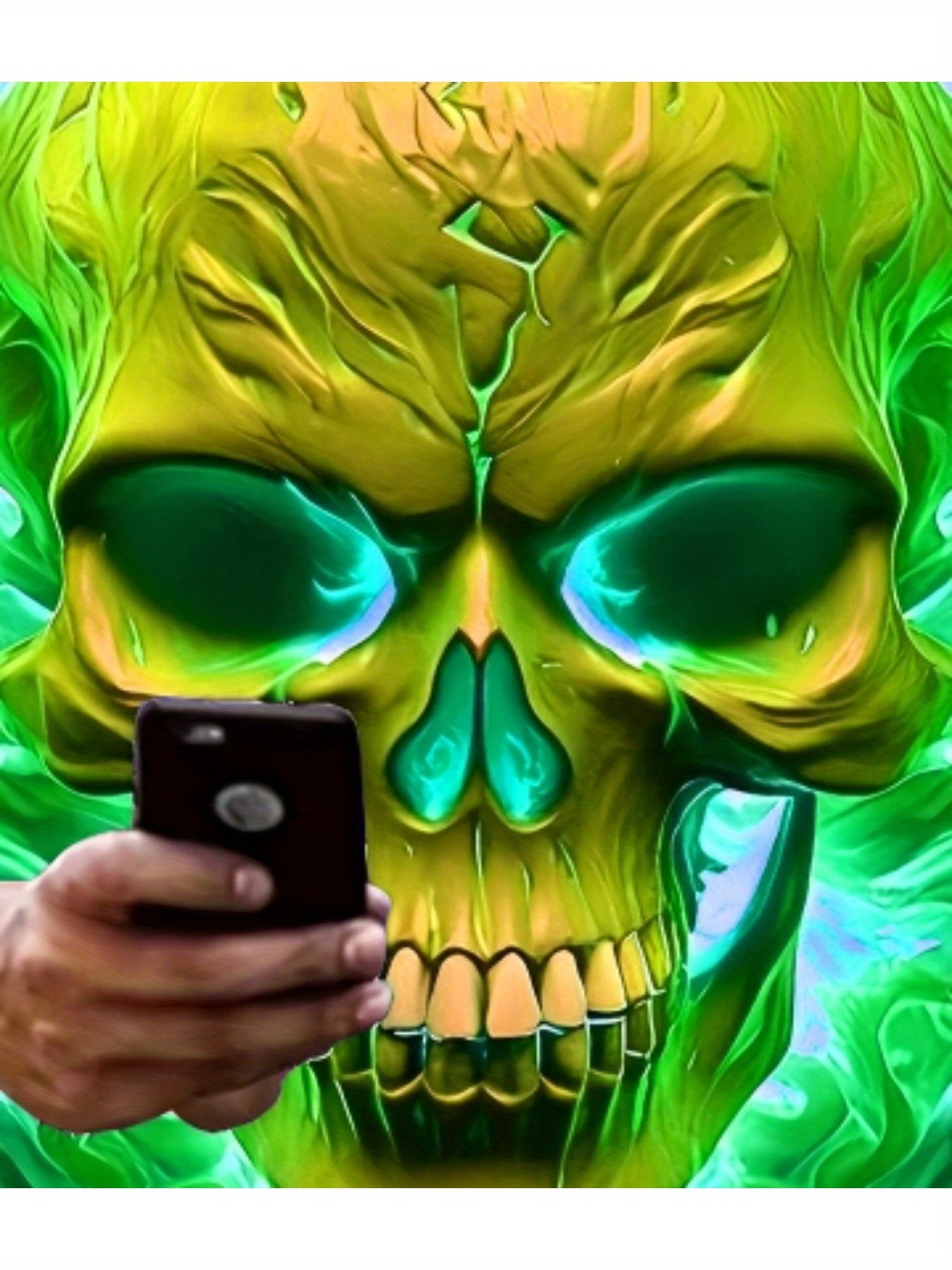 Men'S Plus Size 3D Skull & Flames Graphic T-Shirt - Bold Neon Green & Blue Casual Short Sleeve Tee with Digital Print, Round Neck Regular Fit Summer Top for Edgy Streetwear & Casual Attire, Skull T Shirt, Comfortable Fit, Str