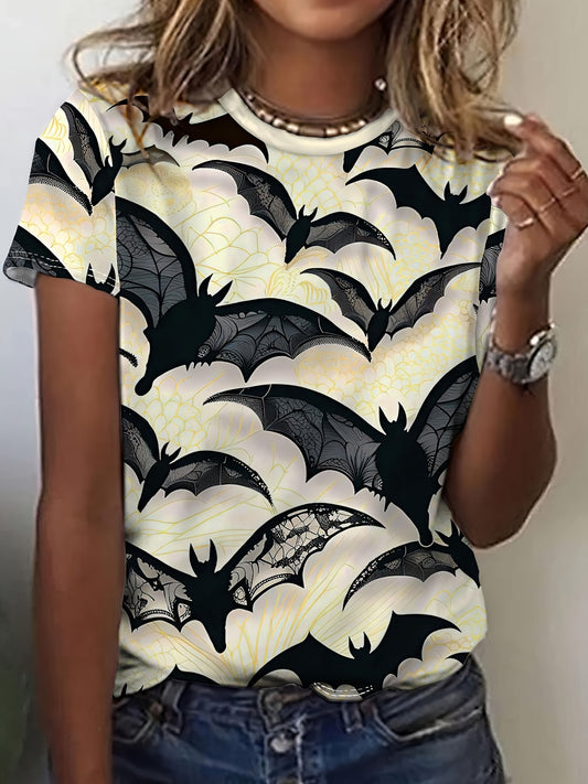 [Bat Print T-Shirt] Women's Breathable Casual Bat Print Round Neck T-Shirt | Dark Series Full-Body Bat & Spiderweb Design, Black & Yellow Contrast, Short Sleeve Top for Spring/Summer, Machine Washable, Nontransparent Fabric