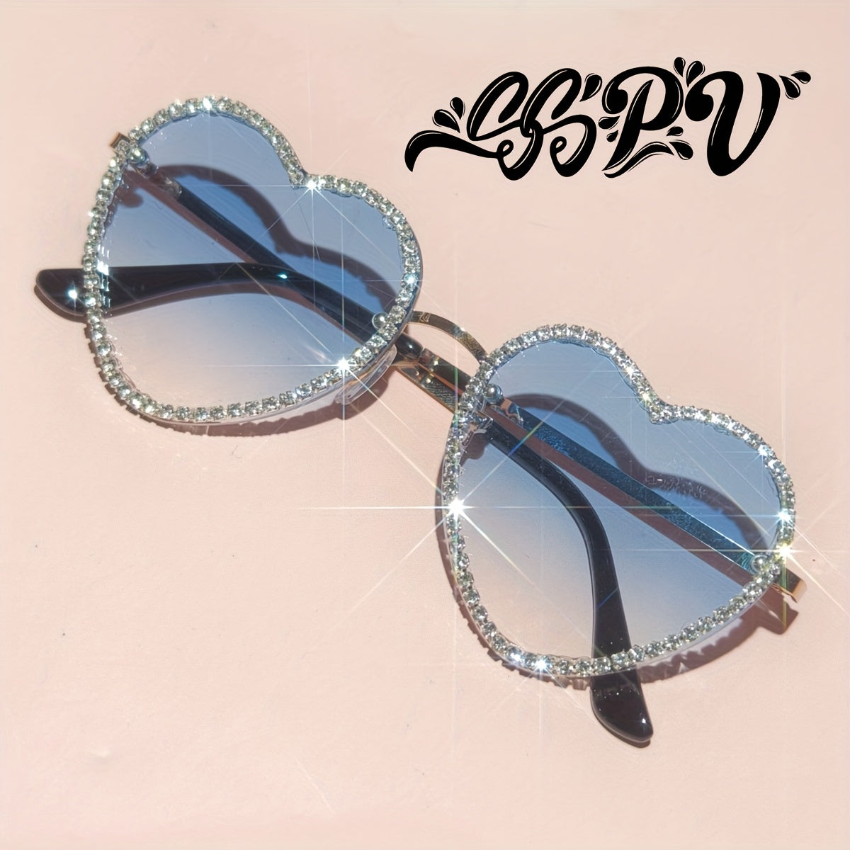 SSPV Rhinestone Heart Fashion Glasses - Sparkling Love-Shaped Shades in Multiple Colors, Glittery Gradient Lenses with Black Frames, Perfect for Festivals, Parties & Fashion Accessories, Party Eyewear, Rhinestone Embellishmen