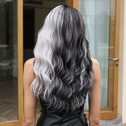 Elegant 22-Inch Two-Tone Black & White Wig for Women - Water Wave Synthetic Hair with Bangs, Perfect for Cosplay & Daily Fashion