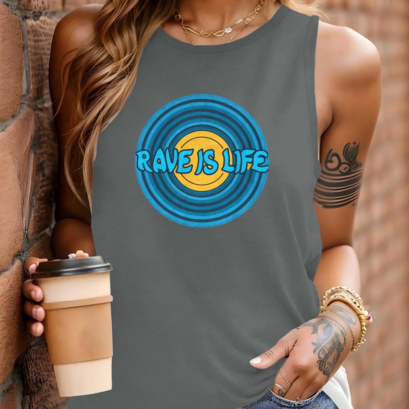 Rave Is Life Women's Sleeveless Vest - Vibrant Red Geometric Circular Design, Casual Round Neck, Machine Washable All-Season Wear for Festivals, Parties & Everyday Outfits, Rave Accessories, Festival Outfit, Bold Graphic, Lig
