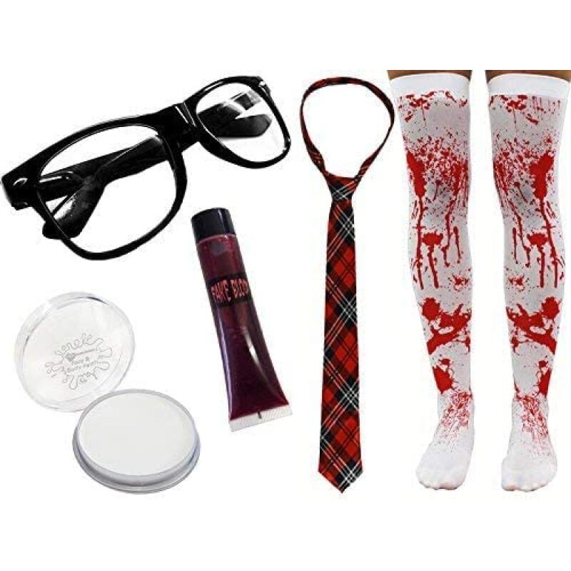Ladies Halloween Zombie Schoolgirl Costume - Green & Grey Tie - Glasses, Striped Tie, Bloody Stockings, Fake Blood And Face Paint - Adults Horror Geek Scary Nerd Halloween Fancy Dress Set