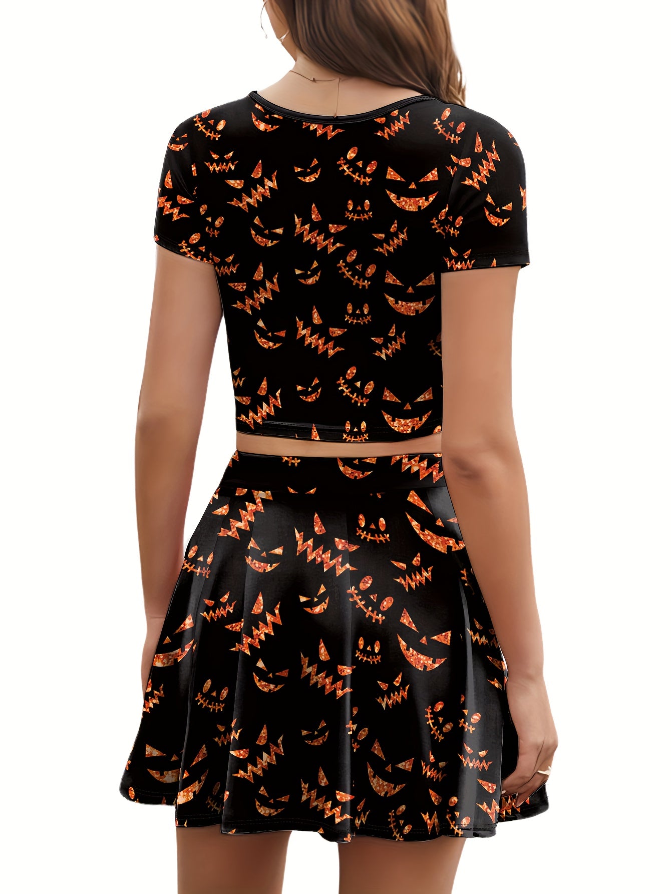 Women'S Halloween Skull 3D Print Top & Skirt Set - Black with Orange Pumpkin & Bat Design, Short Sleeve Crop Top & Mini Skirt, Perfect for Festive Occasions, Festive Attire|Playful Print|Short Sleeve Top, Halloween Costume