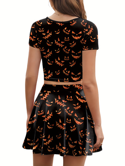 Women'S Halloween Skull 3D Print Top & Skirt Set - Black with Orange Pumpkin & Bat Design, Short Sleeve Crop Top & Mini Skirt, Perfect for Festive Occasions, Festive Attire|Playful Print|Short Sleeve Top, Halloween Costume