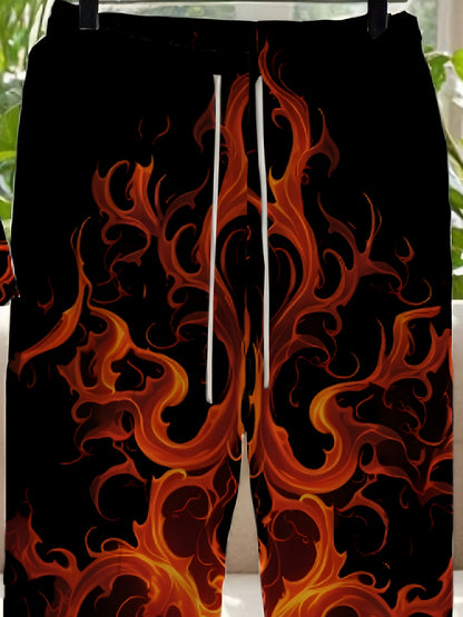 Men's Large Size Round Neck 3D Printed Slim Fit Fiery Skull Personality Free and Bold Att! Fashionable and Trendy Versatile Plus Size Men's Round Neck Casual T-shirt and Pants Set, Tall Men's Two-Piece Set, Outdoor Leisure En
