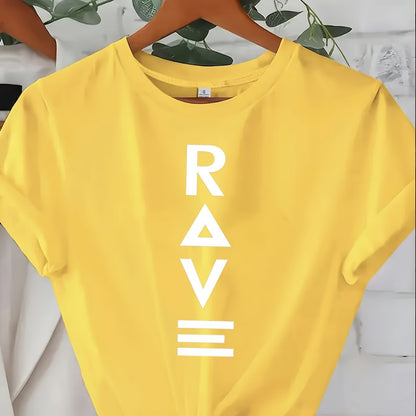 1pc Women's Crewneck T-Shirt - Black with White RAVE Typography Print, Techno Music Inspired Design, Casual Short Sleeve Tee for EDM Festivals & Summer Outings, Machine Washable, Exclusive Deal of the Day Gift Idea, T-shirt S