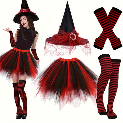 4pcs Halloween Witch Costume Set for Women Ladies Gothic Cosplay Witch Hat Striped Knee High High Over Knee Witch Stockings Arm Warmers Tutu Skirt Set for Women Halloween Witch Cosplay Party Favor Cosplay Costume Accessories