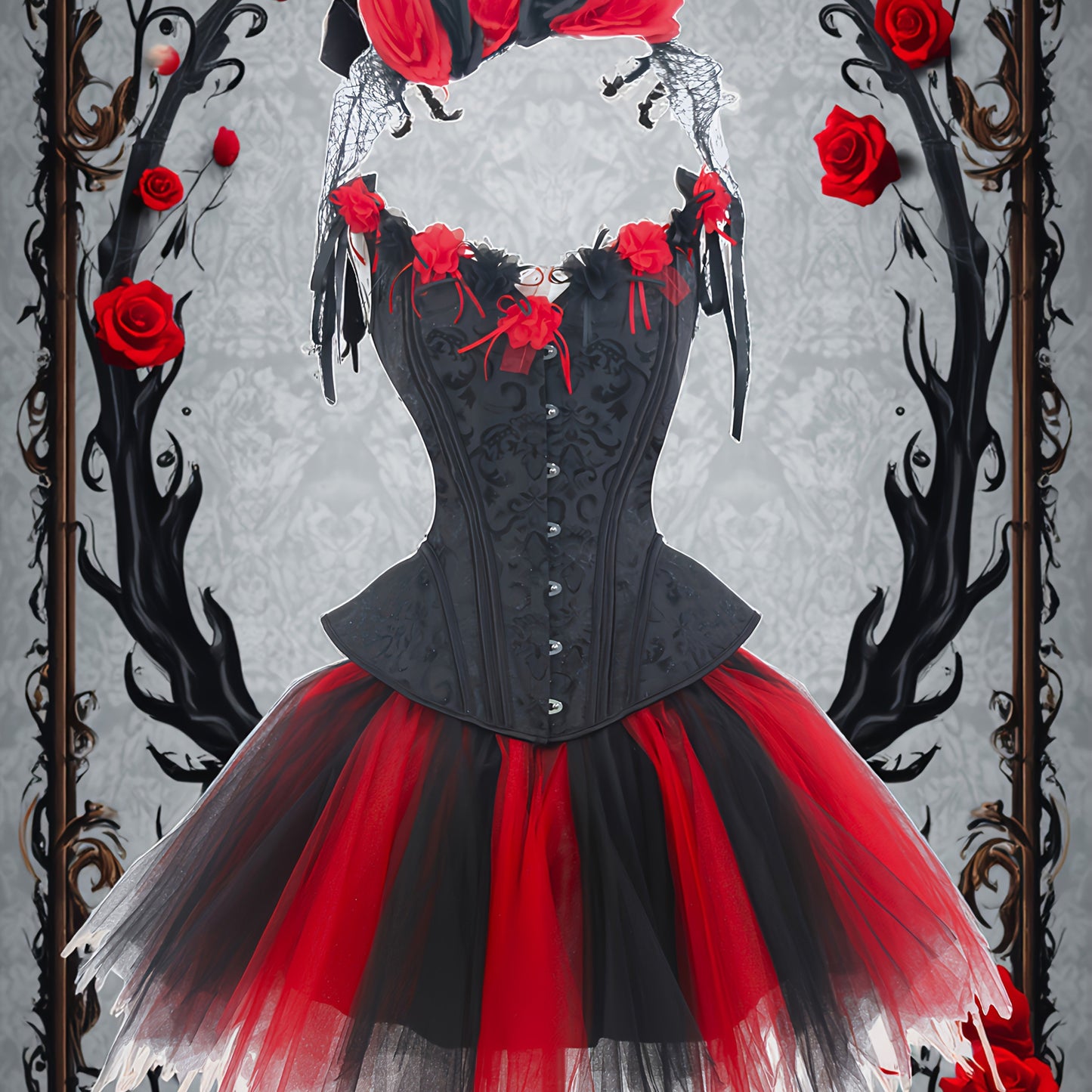 [Gothic Corset Set] Gothic Black Lace Corset and Tutu Skirt Set | Floral Mesh Headband, Mexican Day of the Dead Halloween Blood Rose Cosplay Outfit