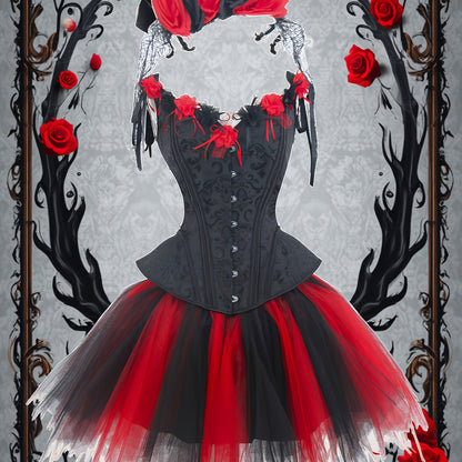[Gothic Corset Set] Gothic Black Lace Corset and Tutu Skirt Set | Floral Mesh Headband, Mexican Day of the Dead Halloween Blood Rose Cosplay Outfit