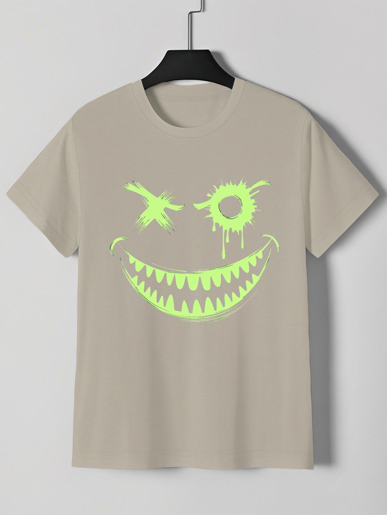 Men's Neon Green Glow-in-the-Dark Mischievous Grin Face Graphic T-Shirt - Lightweight Summer Tee for Parties, Casual Attire & Costume Events - Non-Transparent Casual Shirt for Adults, Playful Design, Machine Washable Fabric