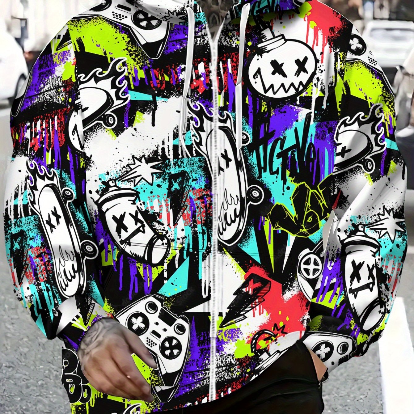 Men's Full-Zip Hoodie - Lightweight Graffiti Jacket with Neon Street Art, Game Controller Graphic Pockets - Zippered Hooded Sweatshirt for Urban Streetwear, Gaming & Casual Outfits - Machine Washable Polyester Outerwear, Dura