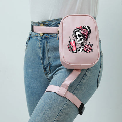 Gothic Skull Print Adjustable Waist Bag - Lightweight Foldable Nylon Sports Pack for Running Cycling Fitness, Black with Pink Roses & Straws Design, Multi-Functional Phone Storage Mini Leg Pack, Cycling Storage Bag | Edgy Fas