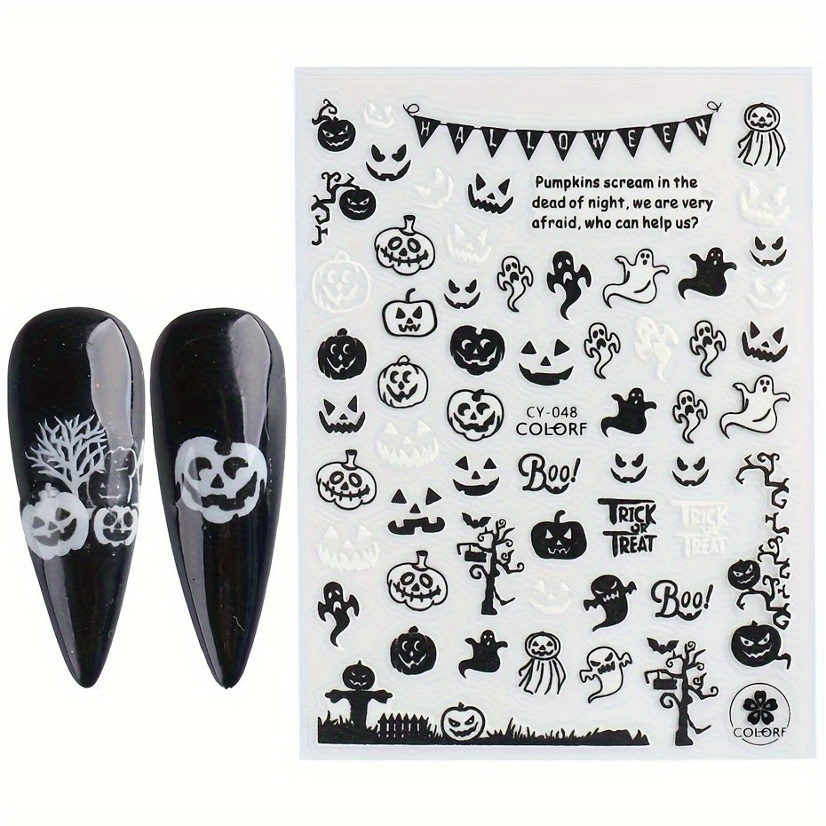 6pcs Glow-In-The-Dark Halloween Nail Art Stickers - Self-Adhesive, Reusable Decals With Skulls, Ghosts, Pumpkins & Spiders For Festive Manicure