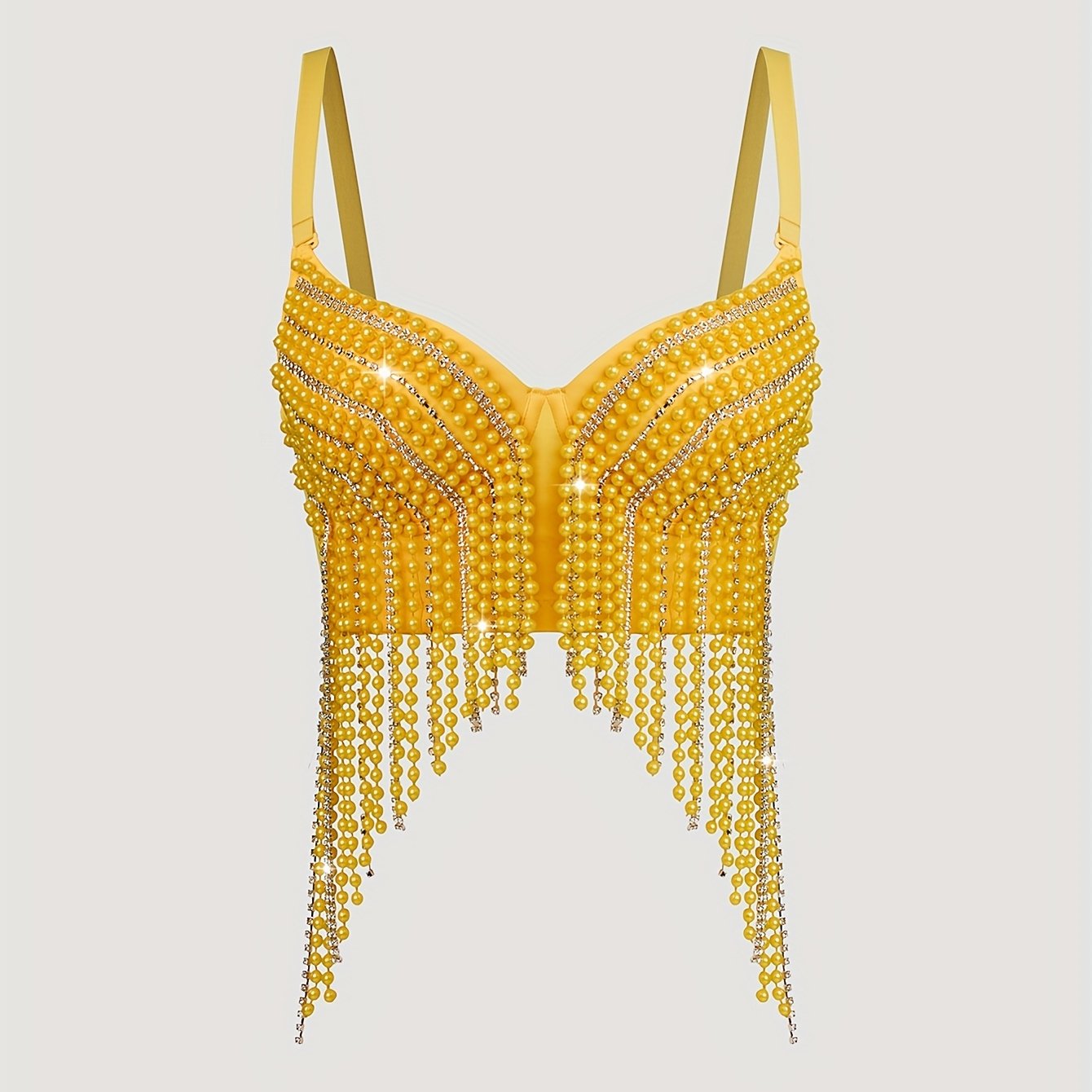 Sexy Fishbone Corset Top with Pearl Embellishments & Tassel Details - Vibrant Pink Stretchy Spaghetti Strap Bustier for Nightclub, Concert, Festival - Versatile All-Season Women's Fashion, Concert Attire, Elegant Style, Styli
