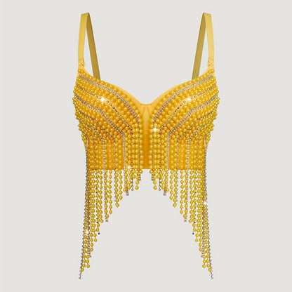 Sexy Fishbone Corset Top with Pearl Embellishments & Tassel Details - Vibrant Pink Stretchy Spaghetti Strap Bustier for Nightclub, Concert, Festival - Versatile All-Season Women's Fashion, Concert Attire, Elegant Style, Styli