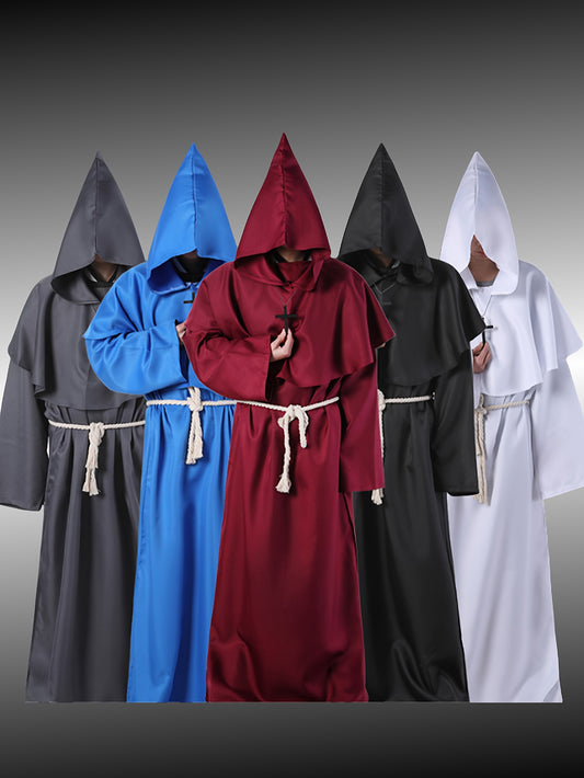 Medieval Monk Robe Costume - Wizard & Pastor Hooded Outfit with Drawstring, Polyester, Perfect for Halloween & Stage Performances