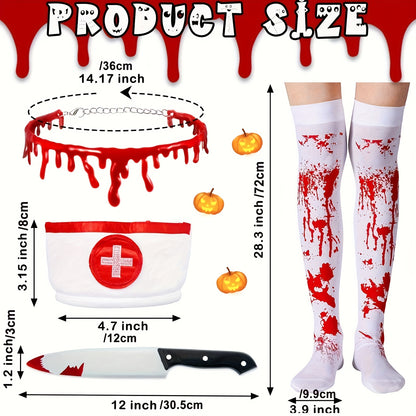 6pcs Halloween Nurse Costume Set for Women - Vintage Style, Polyester Fiber, Includes Dress, Hat, Blood-Dripping Necklace, Fake Knife, and Stockings with Red Accents, Perfect for Adult Cosplay
