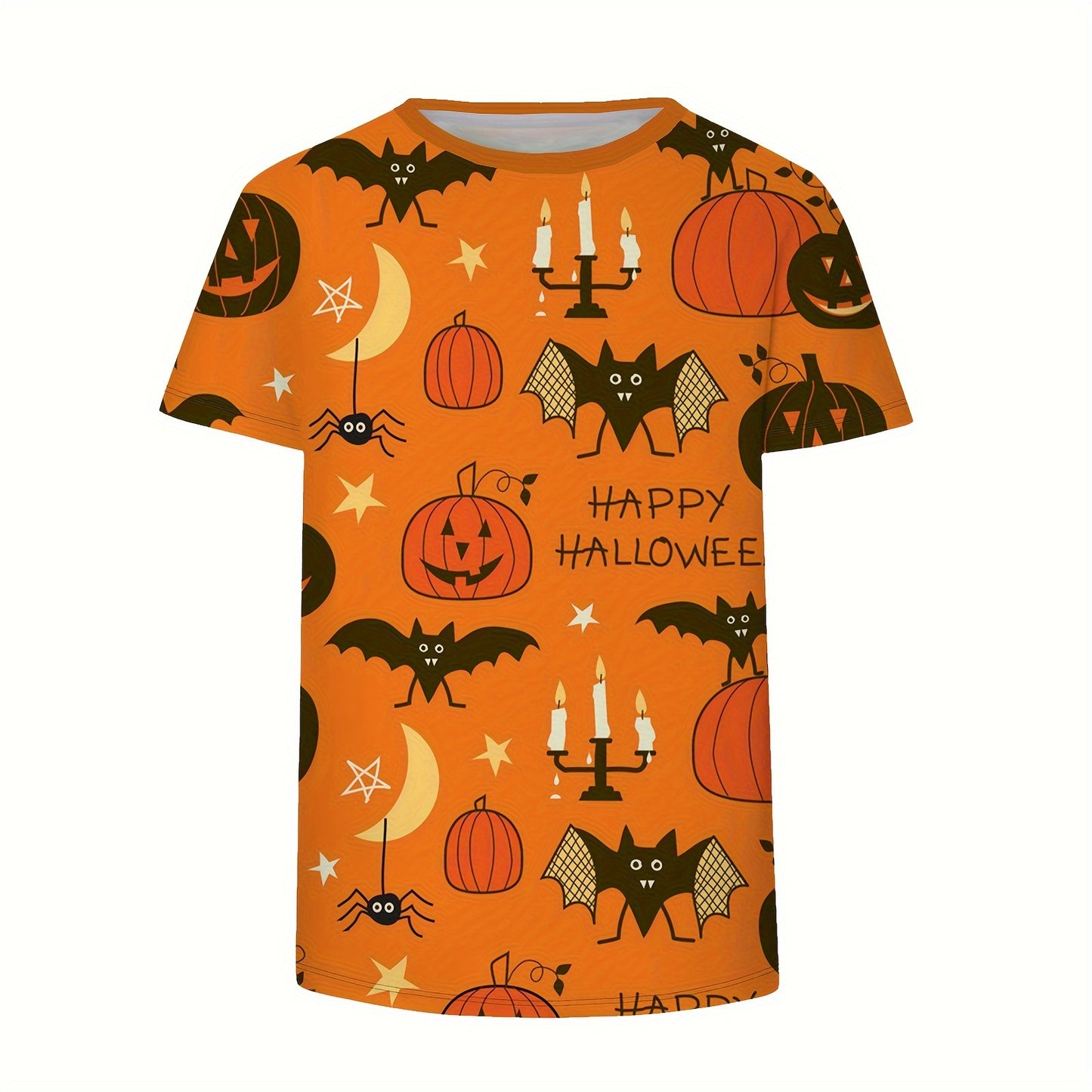 Women's Halloween Graphic T-Shirt - 3D Digital Print Spooky Pumpkin Bat Design, Casual Short Sleeve Round Neck Summer Top, Machine Washable Regular Fit for Halloween Party & Casual Attire, Festive Event Clothing, Durable Prin