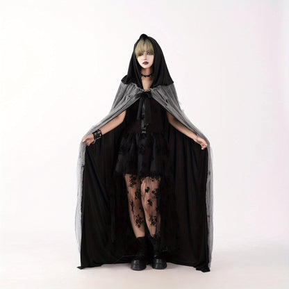 Halloween Witch Cloak Skull Clothes Mask Script Kill Ghosthouse Chamber Dress up Zombie Costume, Black Hooded Skull Mask with Glowing Eyes, Long Flowing Cape & Chains