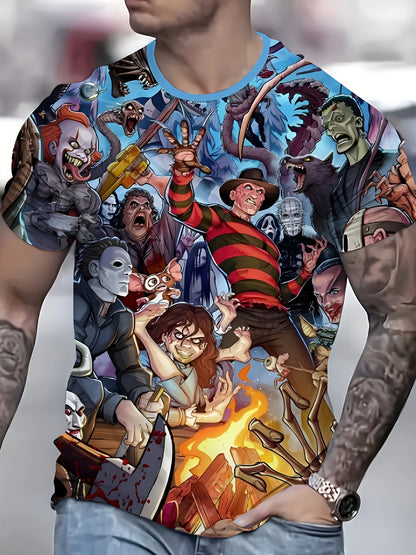 [Horror-Themed 3D Print Tee] Men's Casual Short Sleeve T-Shirt with Vibrant Horror-Themed 3D Digital Print - Freddy Krueger, Jason & Michael Myers Graphic Design - 100% Polyester, Machine Washable, Regular Fit Summer Tee, Com