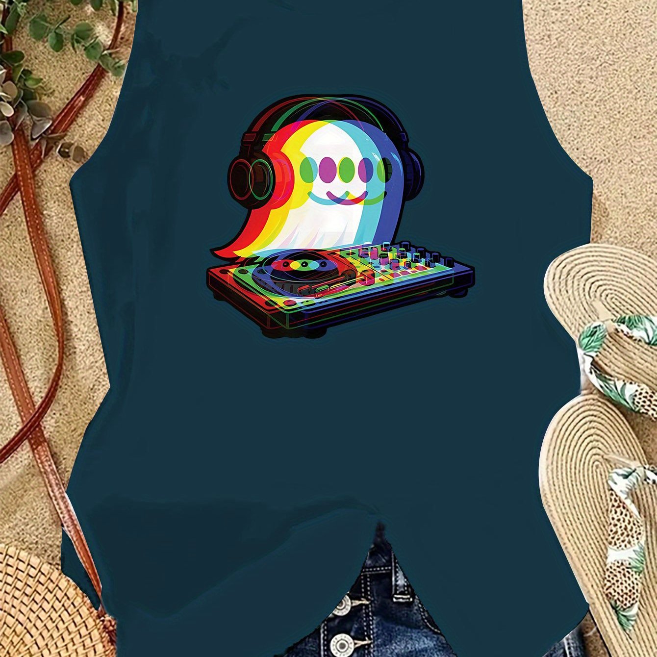 Women's Casual Sleeveless Tank Top with DJ Music Graphic Print - EDM Rave-Inspired Acid House & Psychedelic Pop Design, Stretchy Comfort Fit, Machine Washable for Clubbing, Festivals & Casual Attire, Ladies Tank Tops, Festiva