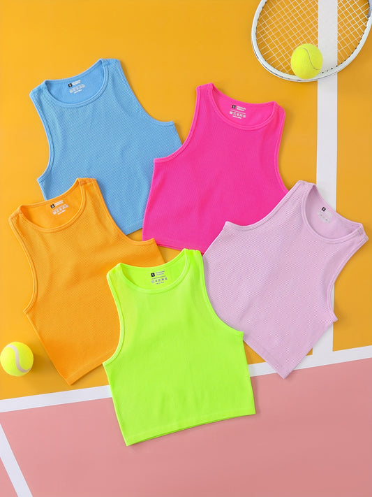 5-Pack Women's Seamless Ribbed Crop Tank Tops - Soft & Breathable High-Stretch Fabric, No Padding, 5 Solid Colors (Blue, Pink, Orange, Green, White) - Racerback Activewear for Yoga, Gym, Workout & Casual Wear, Workout Clothes