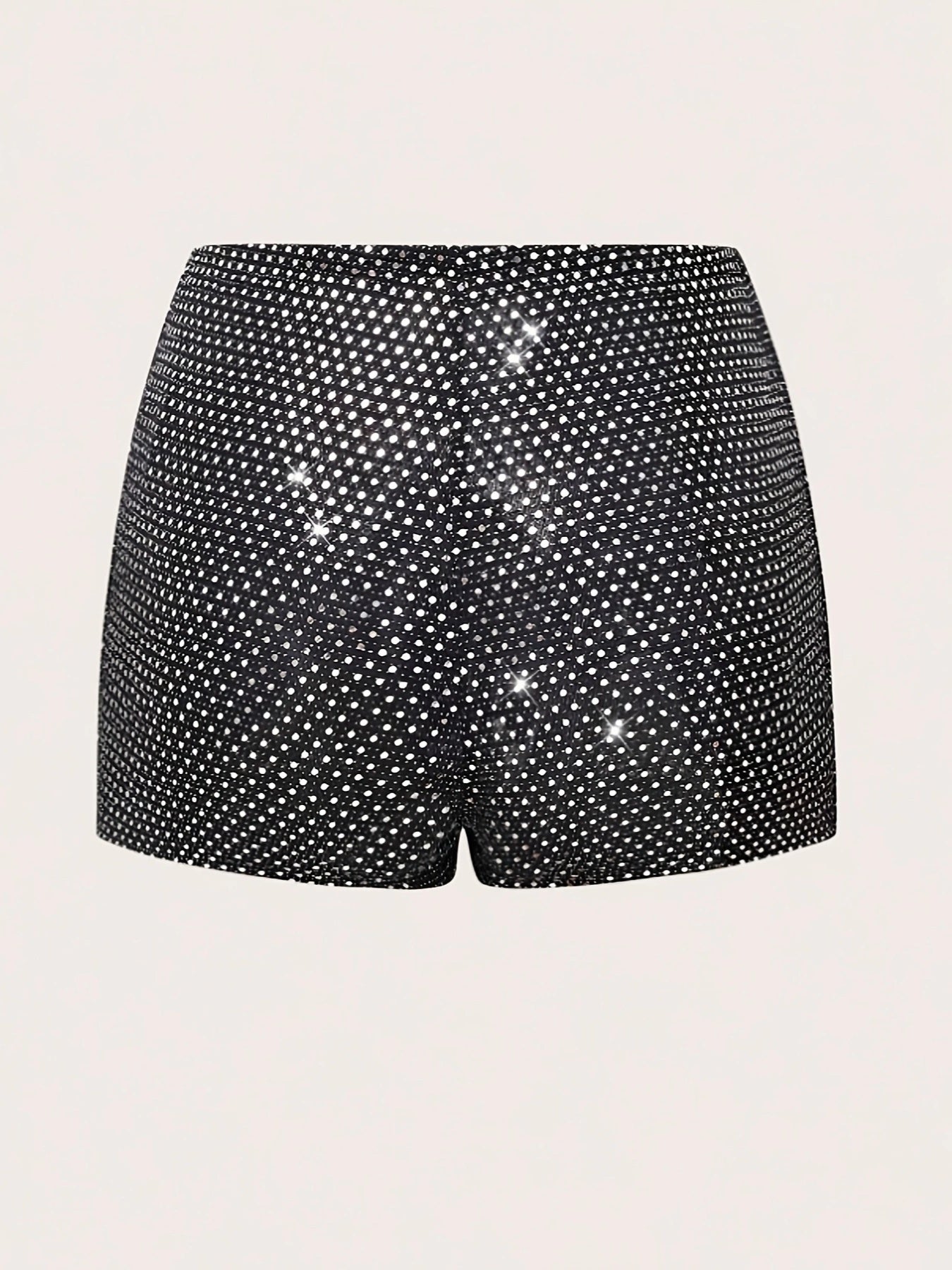 Women'S Elegant Polka Dot Sequin Shorts - Stretchy, Glittery Black & White High-Waisted Mini Skort with Side Pockets, Perfect for Spring/Summer/Fall Parties, Party Wear, Highwaisted Design, Side Pocket Detail