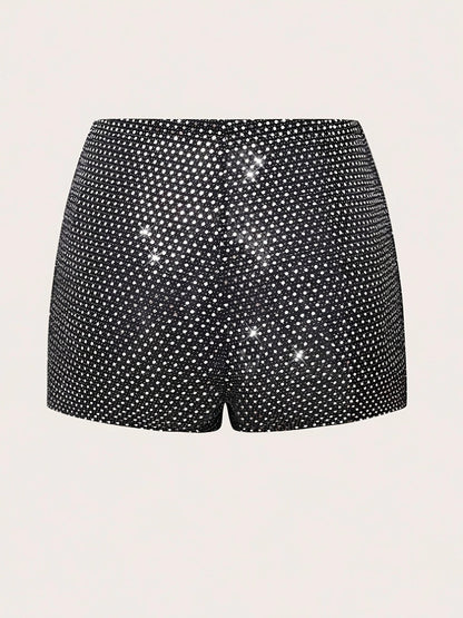 Women'S Elegant Polka Dot Sequin Shorts - Stretchy, Glittery Black & White High-Waisted Mini Skort with Side Pockets, Perfect for Spring/Summer/Fall Parties, Party Wear, Highwaisted Design, Side Pocket Detail