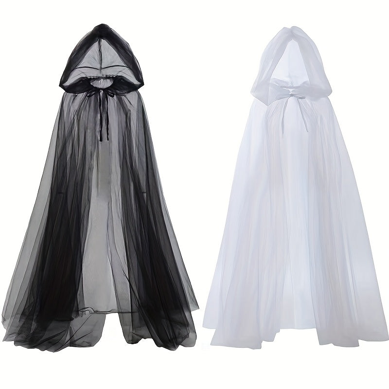 [Elegant Witch Cloak] Double Layer Elegant Witch Cloak with Hat | Halloween Cosplay Costume, Black and White - Adjustable Belt for Scary Parties, Themed Events and Holiday Wear, Tasseled Polyester Fabric, 1pc