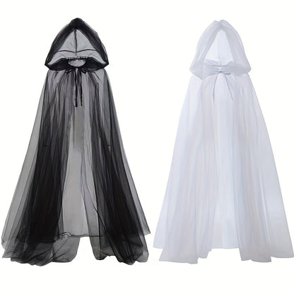 [Elegant Witch Cloak] Double Layer Elegant Witch Cloak with Hat | Halloween Cosplay Costume, Black and White - Adjustable Belt for Scary Parties, Themed Events and Holiday Wear, Tasseled Polyester Fabric, 1pc