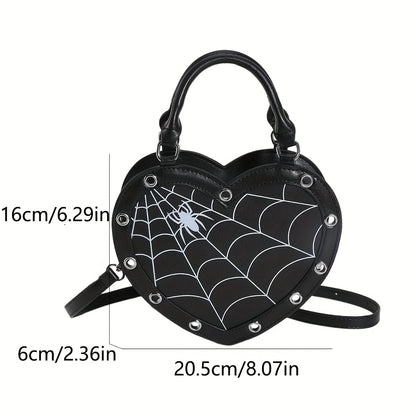 Spider Web Print Heart-Shaped Crossbody Bag for Women - Adjustable Detachable Strap, Zipper Closure, Gothic Handbag in Pink/Black, Y2K Rock Punk Style for Halloween, Music Festivals & Role Play, Spiderweb Purse, Halloween Acc