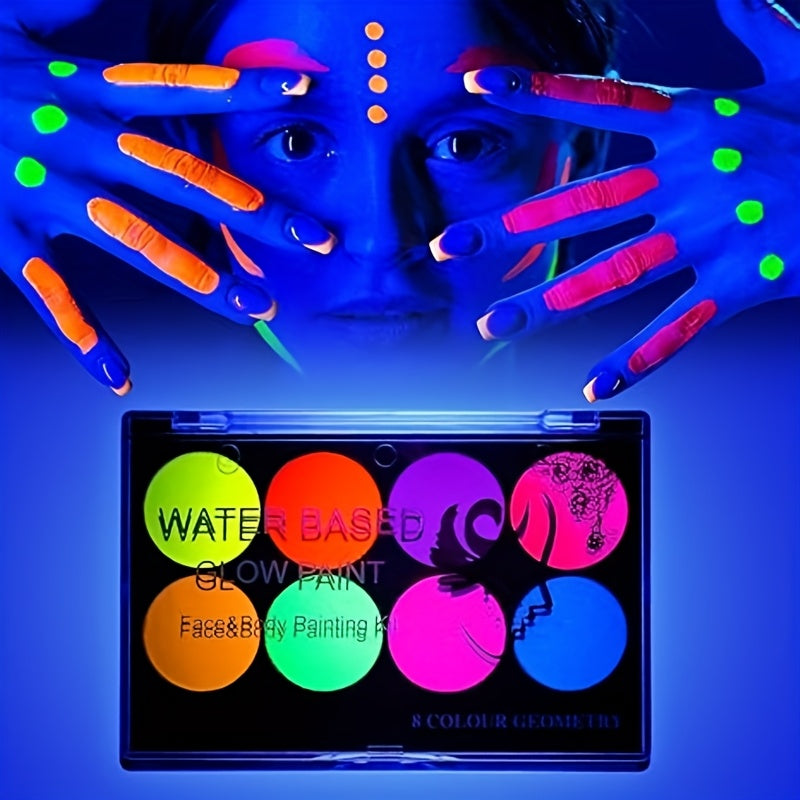 8 Colors Neon Glow in the Dark Face & Body Paint Set - Water Activated, Easy to Apply Paste for Vibrant, Fun & Creative Makeup Looks at Parties, Halloween, and Music Festivals, Party Makeup | Vibrant Neon Makeup | Easy Applic
