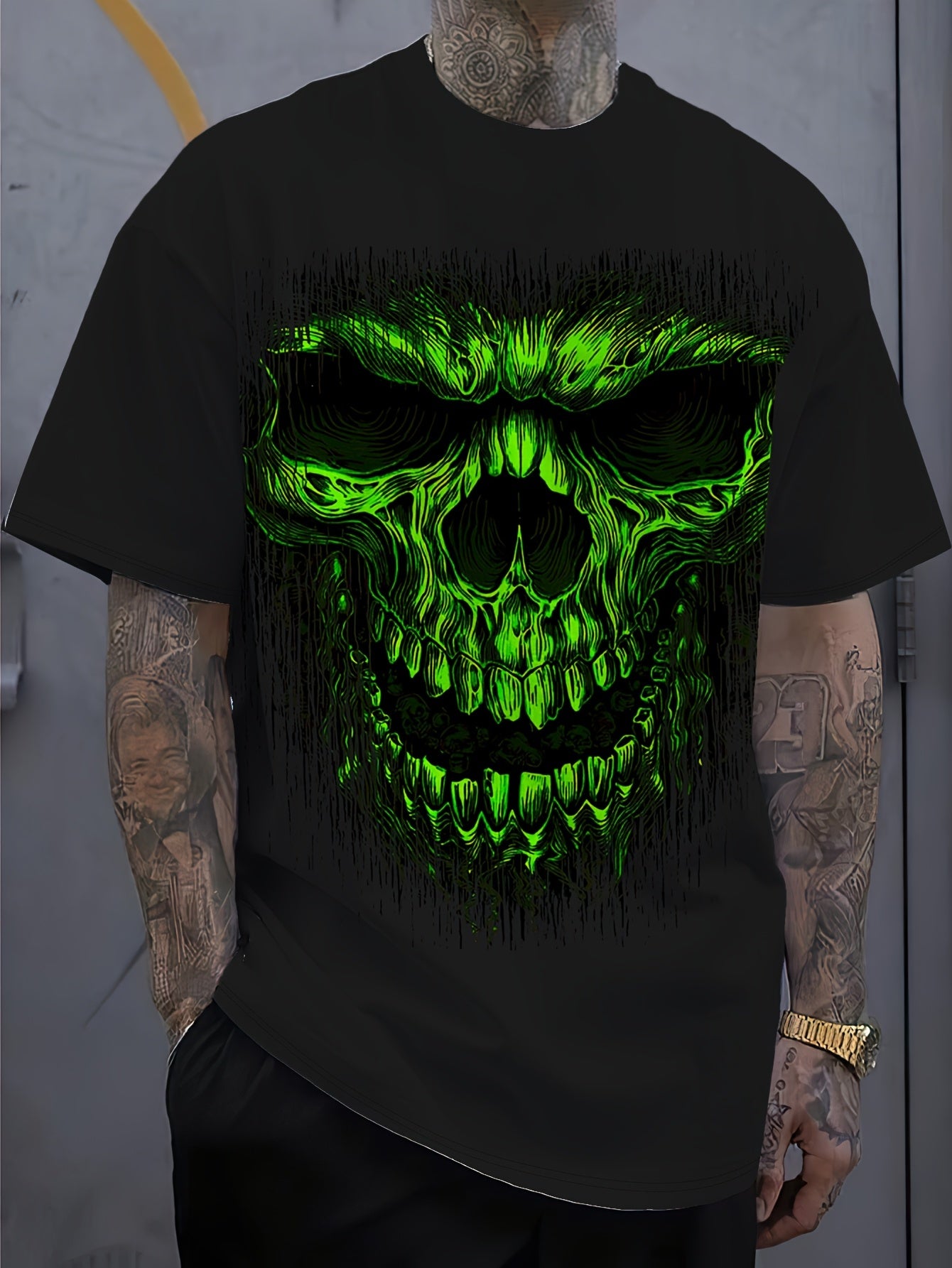 Men's Graphic T-Shirt - Bold Neon Green Skull Print Tee, Heavy-Duty 100% Polyester Shirt for Everyday & Halloween Outfits, Machine Washable Big & Tall Sizes Available - Edgy Streetwear Essential, Casual Wear, Round Neckline T