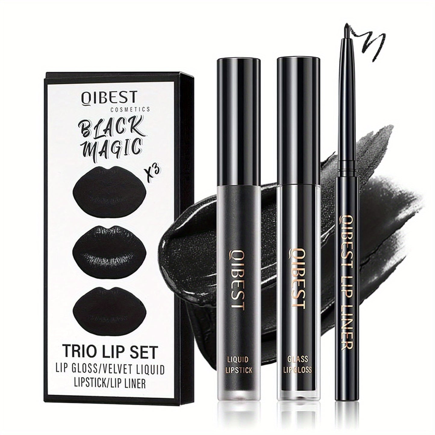 3pcs Black Lip Liner And Lipstick Set Liquid Matte Lipstick Velvet Charming Long-Lasting Waterproof Lip Gloss Makeup Kit for Halloween Goth Face Body Paint Cosplay Party Accessories Dress Up